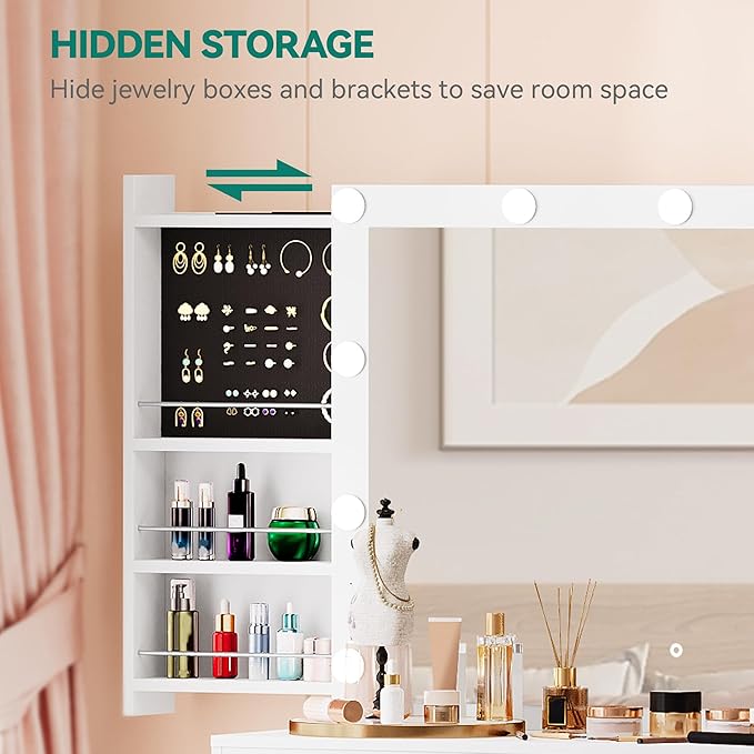 YITAHOME Makeup Vanity Table with Lighted Mirror, Cushioned Stool, 4 Storage Drawers & Hidden Jewelry Organizer, 3-Mode LED Lighting
