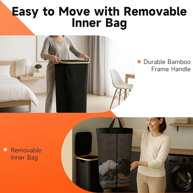 26 Gall/100L Foldable Laundry Hamper with Lid & Collapsible Basket - Clothes Hampers for Laundry with Bamboo Handles and A Removable Bag, Portable Clothes Organizer for Home, Dorm, Travel, Black