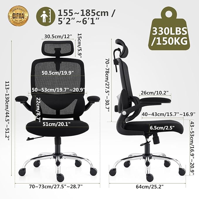 Ergonomic Home Office Chair, High Back Mesh Desk Chair with Adjustable Lumbar Support, Flip-up Armrest, Removable Headrest, Swivel Computer Gaming Chair, Space Saving, 330LBS (Black)