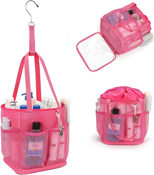 Mesh Shower Caddy Portable for College Dorm Room Essentials, Shower Tote Bag with Hanging Hook and Drawstring, Quick Dry Toiletry Bag with 6 Pockets for Bathroom, Swimming, Gym, Camping, Beach, Travel