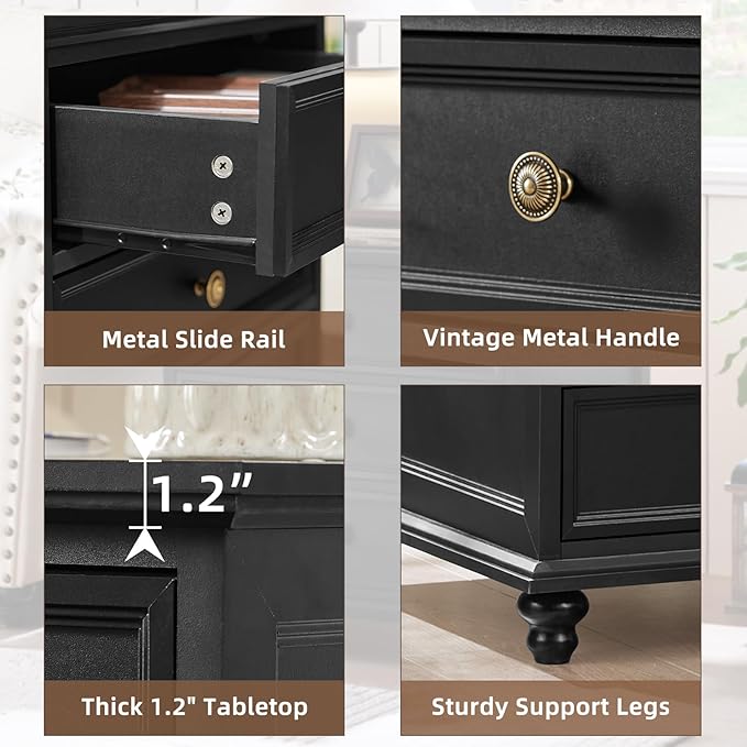 24" Wide Farmhouse Night Stand Set of 2,Large End Table with 3 Drawers & Metal Handle,Black Wood Dresser for Bedroom,Bed Side Table Chest of Drawers Cabinet,Nightstand for Living Room,Closet