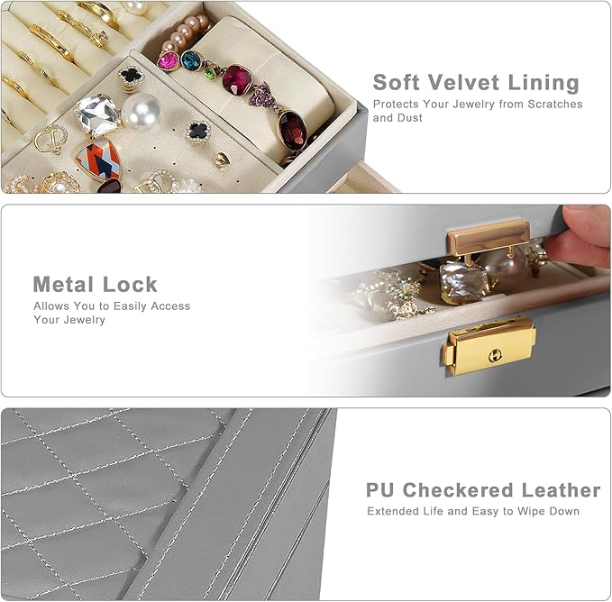 Jewelry Box for Women Girl Wife - Large PU Leather Jewelry Organizer Storage Case with Two Layers Display for Earrings Bracelets Rings Watches (Grey)