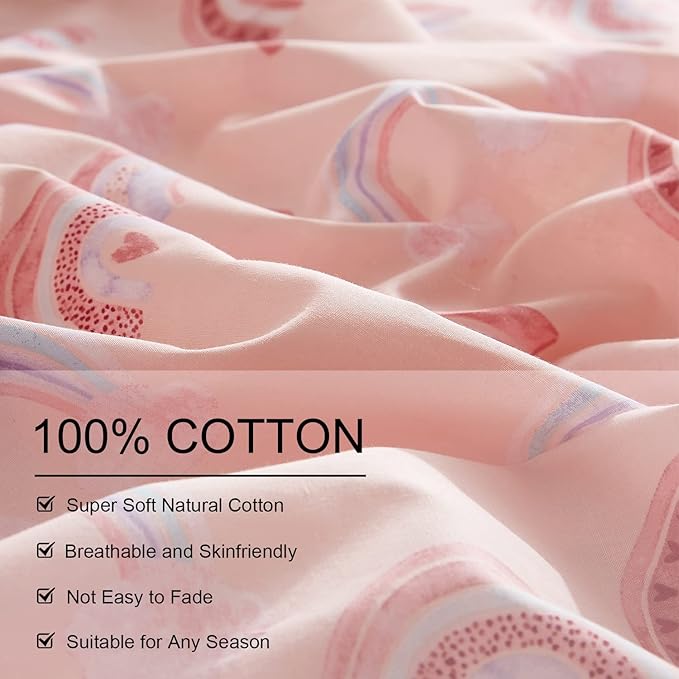 Ivellow Twin Duvet Cover Bed Set 100% Cotton Rainbow Pink for Girls Cute Kawaii Bedding Set 3 Pcs Ultra Soft Breathable Toddler Teen Kids Patterned Cartoon Comforter Cover.