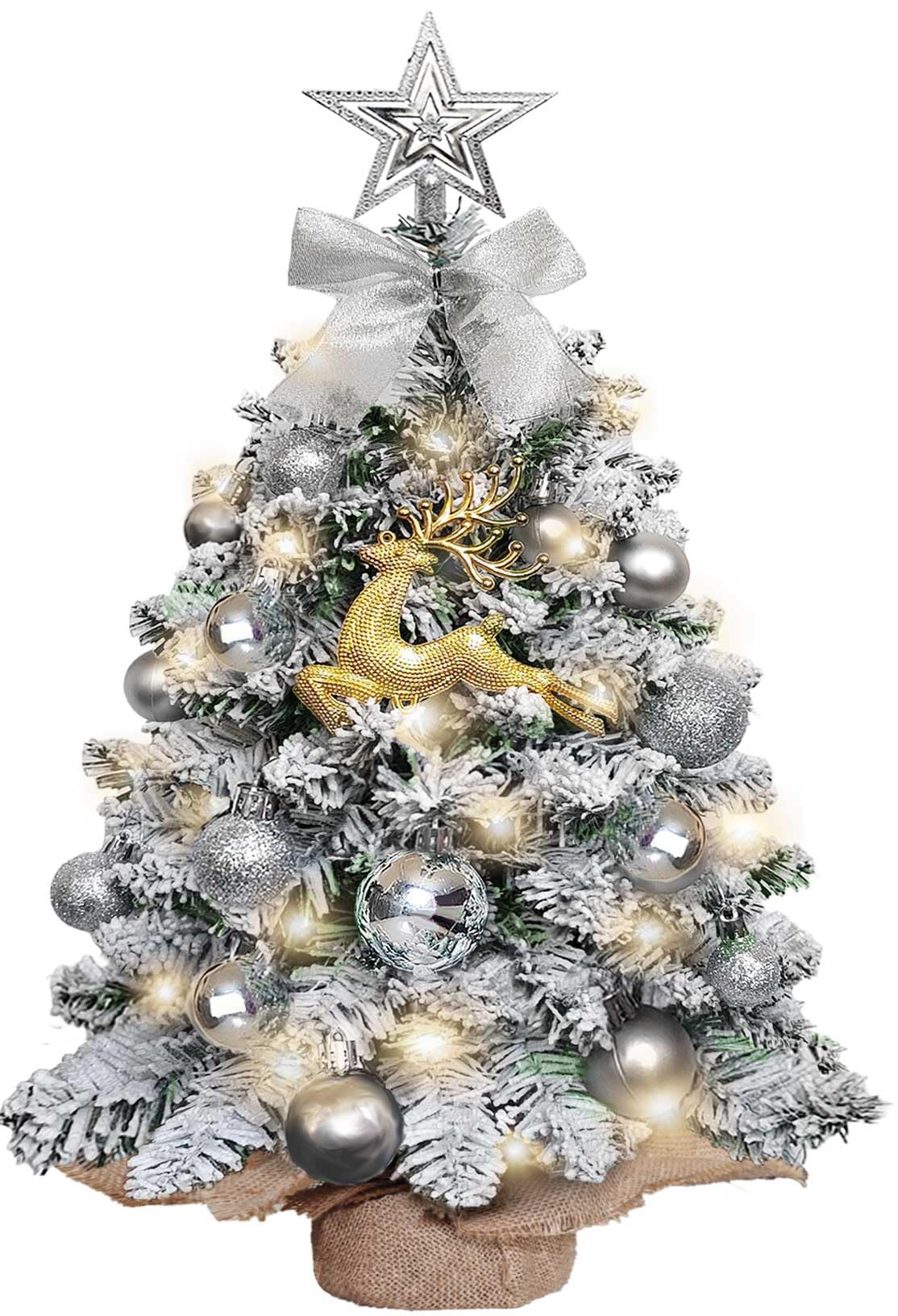 Mini Christmas Tree-with Lights,2ft Small Flocked Christmas Tree with 24pcs DIY Decorations,Small Flocked with LED Lights for Holiday Indoor DIY Decor