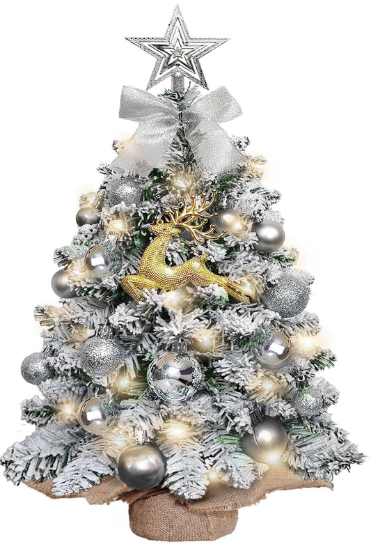 Mini Christmas Tree-with Lights,2ft Small Flocked Christmas Tree with 24pcs DIY Decorations,Small Flocked with LED Lights for Holiday Indoor DIY Decor