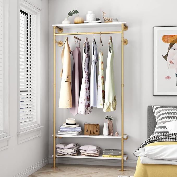 Gold Wall Clothing Racks with White Shelves, Wall Mounted Gold Clothes Rack for Hanging Rods，Heavy Duty Industrial Pipe Clothing Racks With Shelves Retail Display Garment Rack for Home