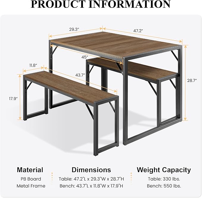 SHA CERLIN Kitchen Dining Table Set for 4 with Benches, Rustic Small Space Saving Dinette, Heavy Duty Metal Frame