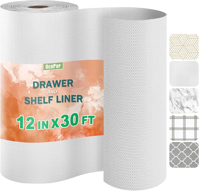 OcePor Non-Adhesive Drawer and Shelf Liner 12IN x 30FT, Non Slip Cabinet and Cupboard Liner, Kitchen Cabinet Liners for Shelves,Waterproof Drawer Shelf Liners for Cabinets/Bathroom Cupboard, White