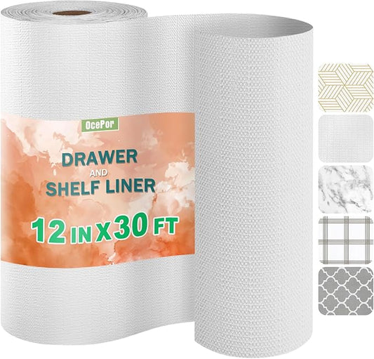 OcePor Non-Adhesive Drawer and Shelf Liner 12IN x 30FT, Non Slip Cabinet and Cupboard Liner, Kitchen Cabinet Liners for Shelves,Waterproof Drawer Shelf Liners for Cabinets/Bathroom Cupboard, White