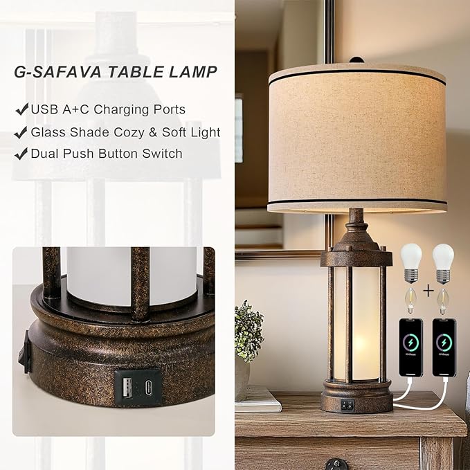 25'' Table Lamp for Living Room Bedroom Farmhouse Metal Lamps with 2 USB Ports, Built-in Frosted Glass Night Light Vintage Industrial Nightstand Bedside End Lamp, 2 Bulbs Included, Bronze