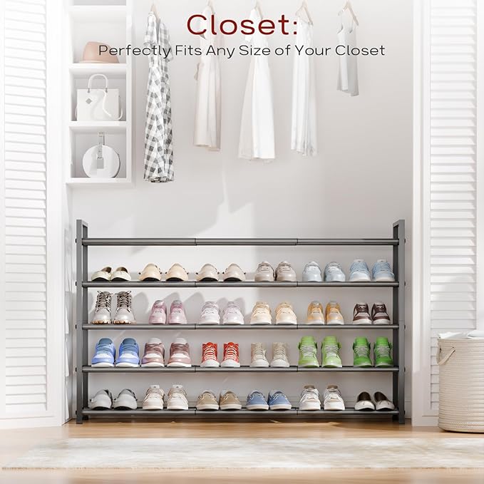 Bumusty 5-Tier Long Expandable Shoe Rack for Closet, 18"-44" Adjustable Shoe Rack for Entryway, 25-30 Pairs Large Shoe Organizer Shelf Storage, Sturdy Metal, Grey