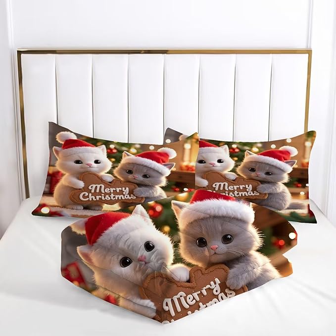 Kids Christmas Comforter Set Twin, Merry Christmas Cat Print Bedding Set for Girls Boys Women and Men, Xmas Bed Set with 1 Comforter and 1 Pillowcase