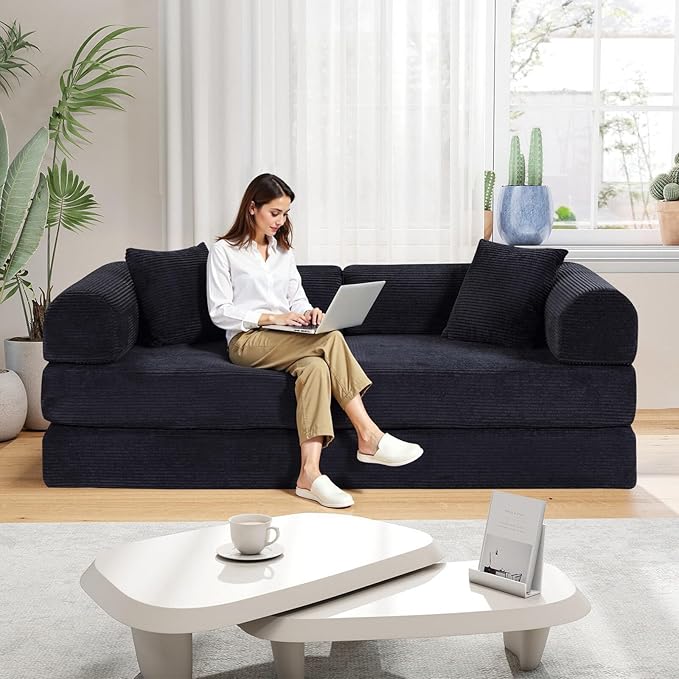 Rovibek 4-in-1 Convertible Sleeper Sofa Bed Queen Size, Foldable Floor Couch Corduroy, Folding Futon Sofa Beds with Pillow and Fixed-Shape Frame, Suitable for Living Room, Bedroom, Lounge, Black