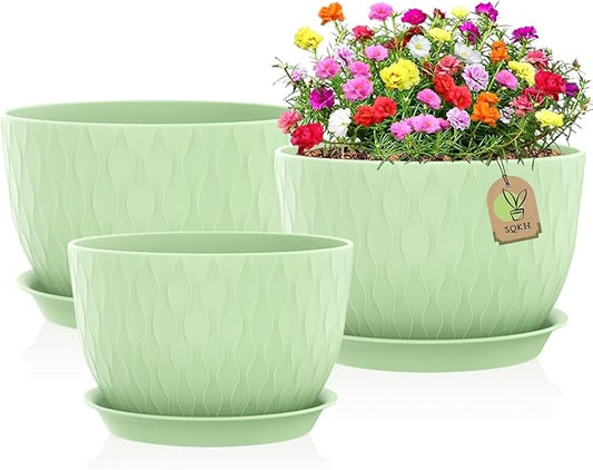 12/10/9 Inch Plant Pots, 3 Pack Large Flower Pots for Indoor and Outdoor Plants with Water Ripples, Large Plastic Flower Pots with Drainage Holes and Tray for Garden Indoor Plants