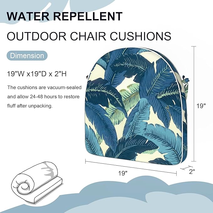 Set of 2 Outdoor Chair Cushions 19"x19"x2",Water Repellent Patio Seat Cushion with Ties and Removable Covers,Dining Chair Cushions for Indoor Kitchen and Patio Furniture,Swaying Palms Blue