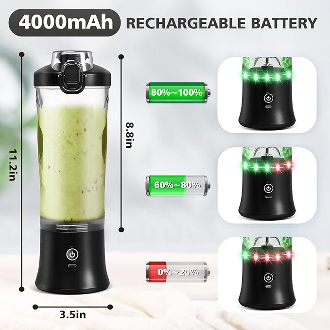 Portable Blender with Insulated Carrying Case & Recipe Book-20 OZ USB-C Rechargeable Personal Juicer for Smoothies & Protein Drinks, Mini Small Blender Cup with 6 Blades for Shakes, Travel Lid