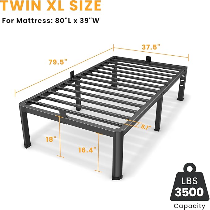 18 Inch Twin XL Size Metal Platform Bed Frame with Round Corners, Storage Space Under High Bed Frame-Heavy Duty Steel Slats Support, Noise Free - Easy Assembly - No Box Spring Needed