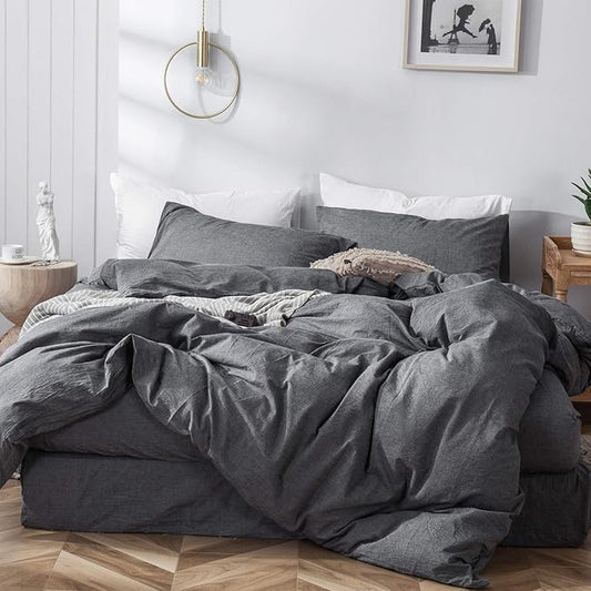 MooMee Bedding Duvet Cover Set 100% Washed Cotton Linen Like Textured Breathable Durable Soft Comfy (Heathered Dark Grey, Oversized King Plus 128"x120")