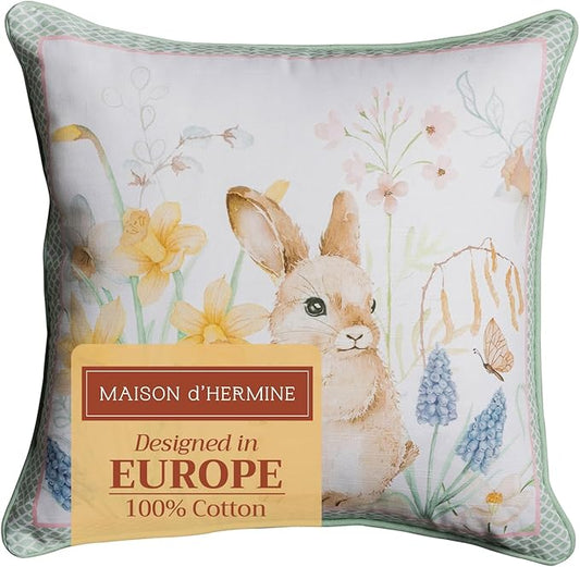 Maison d' Hermine Decorative Pillow Cover 100% Cotton 18 Inch x 18 Inch Square Toile Washable Cushion Covers with Invisible Zipper for Couch, Bedroom, Home,Easter Dew