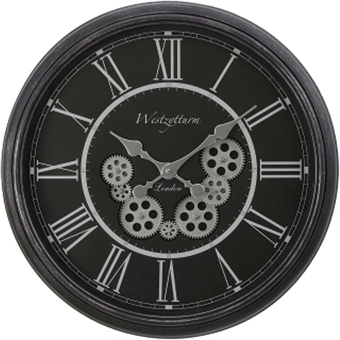 23 Inch Black Steampunk Wall Clock with Decorative Gears, Industrial Vintage Analog Clock for Living Room, Farmhouse, Office Decor, Silent Non-Ticking Battery Operated