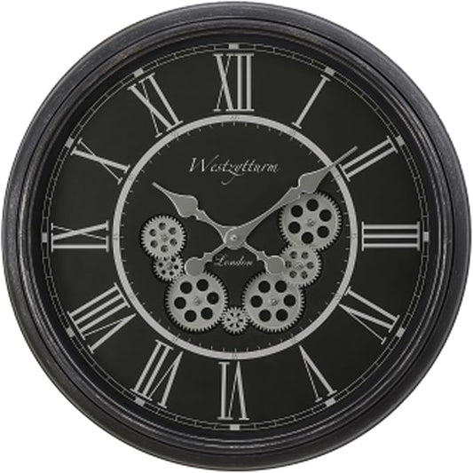 23 Inch Black Steampunk Wall Clock with Decorative Gears, Industrial Vintage Analog Clock for Living Room, Farmhouse, Office Decor, Silent Non-Ticking Battery Operated
