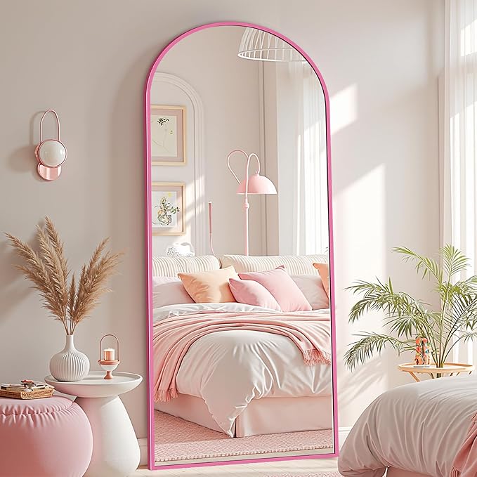 Full Length Mirror with Stand, 58"x18" Arched Full Body Mirror, Large Stand Up Aluminum Frame Floor Freestanding Hanging Leaning Mounted for Bedroom Living Room Entryway Pink