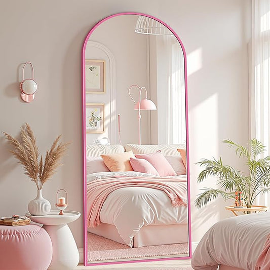 Full Length Mirror with Stand, 58"x18" Arched Full Body Mirror, Large Stand Up Aluminum Frame Floor Freestanding Hanging Leaning Mounted for Bedroom Living Room Entryway Pink