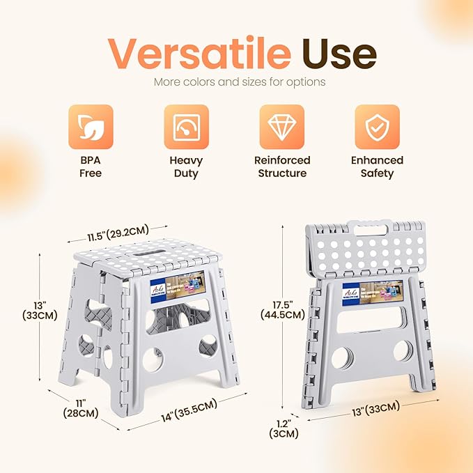 ACKO Folding Step Stool Foldable Stool 13 inch Plastic Stools for Kids and Adults Up to 300 lbs,Stepping Foot Stool with Portable Handle for Kitchen Closet Bedroom (Grey)