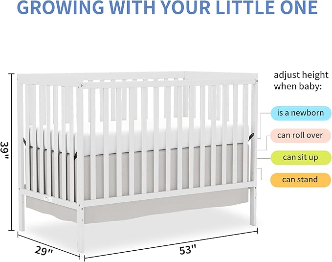 Baby Crib 5-in-1 Convertible, Wooden Nursery Cribs Converts to Toddler Bed, Daybed and Full Size Bed, 3 Adjustable Base, Non-Toxic Finish (White)
