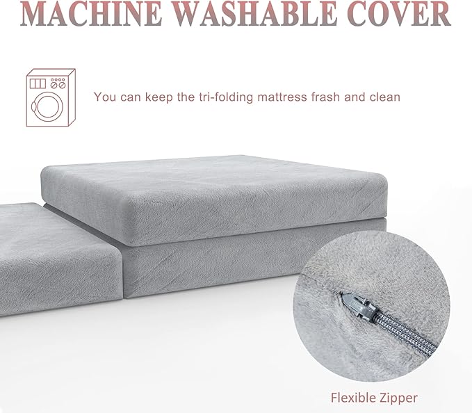 SINWEEK Tri Folding Mattress with Storage Bag - Foldable Mattress Foam Topper Floor Cot, Guest Bed with Machine Washable Cover and Waterproof Lining, CertiPUR-US Certified 52 x 73 x 3Inch