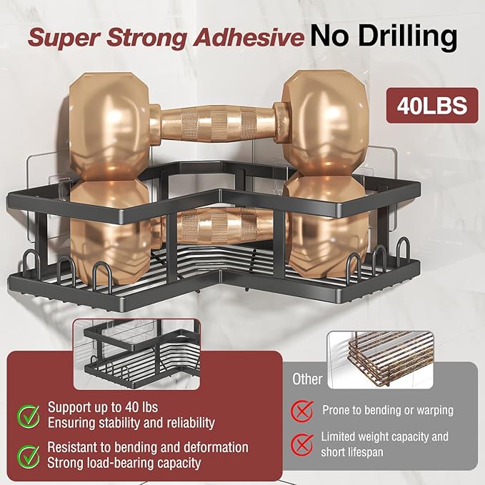 Adhesive Corner Shower Caddy with Soap Holder - Rustproof, No Drilling Shelves Wall Mounted, Organizer for Bathroom, Kitchen & Home Decor. Black, 4-Pack