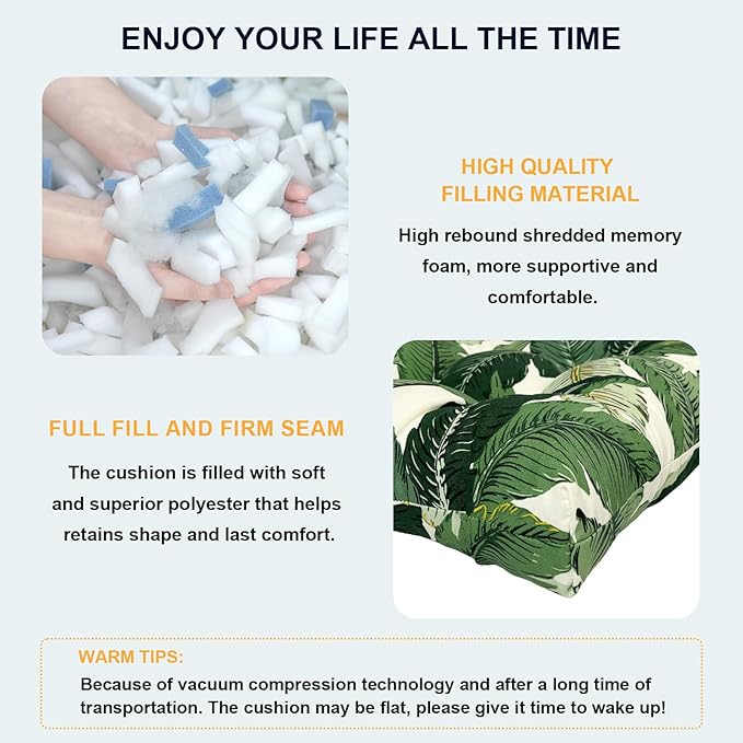 Set of 2 Outdoor Tufted Chair Cushions 19"x19"x4", Water Repellent Patio Seat Cushions with Ties, Replacement Chair Pads for Wicker Dining and Patio Furniture - Swaying Palms Green