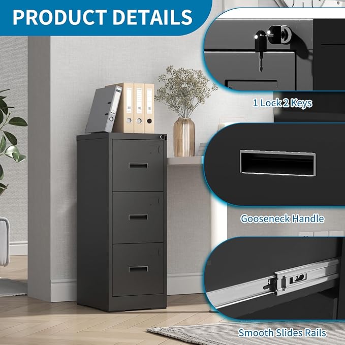 AQY 3 Drawer File Cabinet with Lock, Metal Black Filing Cabinet for Home Office, 18" Deep Heavy Duty Vertical Storage Cabinet for Hanging A4/Letter/Legal Size Files, Assembly Required