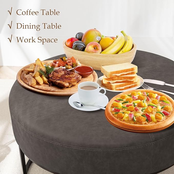 Modern Round Coffee Table, Farmhouse Ottoman for Living Room, Large Vintage Leather Coffee Tables with Leather Upholstered Padded Seat [Round, Vintage Black, 30'']