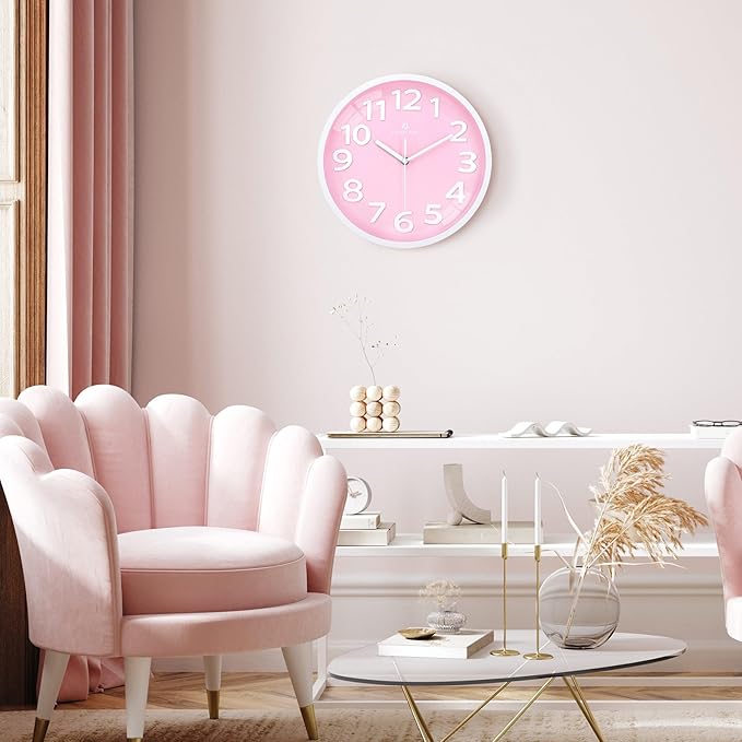 Lafocuse 12 Inch Silent 3D Numbers Pink Wall Clock for Living Room Decor, Battery Operated Pink Clocks for Girls Room Bedroom Kitchen
