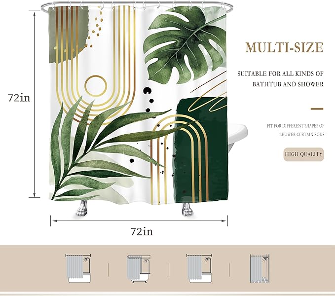 Glawry Green Gold Boho Mid Century Shower Curtain Abstract Tropical Plant Minimalist Modern Geometric Palm Leaf Arch Bathroom Simple 72Wx72L Inches Bath Accessories Art Home Decor Fabric 12 Pack Hooks