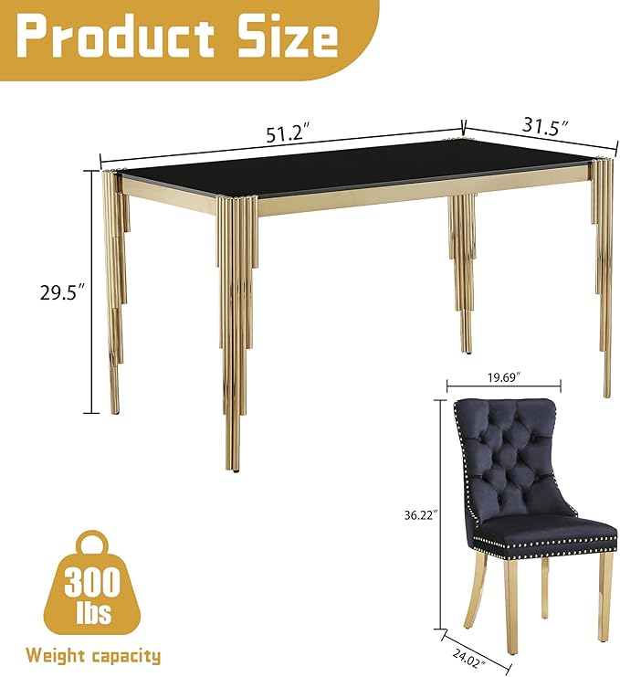5 Piece Glass Dining Table Set, Morden Kitchen Table Set for 4 with 51" Black Glass Dining Table and 4 Black Velvet Upholstered Chairs for Kitchen, Gold Legs