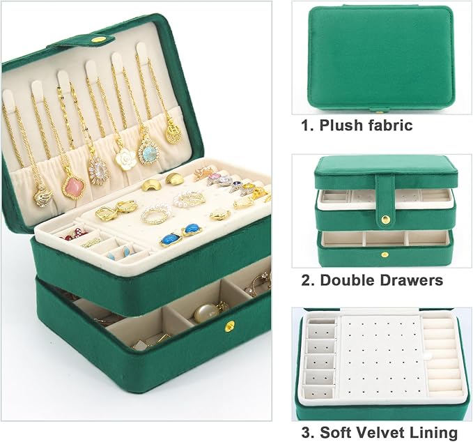 KOOAAICCHI Small Jewelry Box, Travel Jewelry Organizer, Portable Jewelry boxes for Women Girls Gift, Double Layers PU Leather Jewelry Holder for Rings, Earrings, Necklaces- Velvet Green