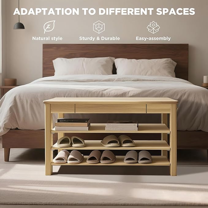 Wood Shoe Bench Entryway with Drawer: 3-Tiers Wooden Storage Shoe Rack with Bench Seat, Compact Mid-Century Modern Design for Entryway, Hallway, Closet, Front Door Entrance, Foyer