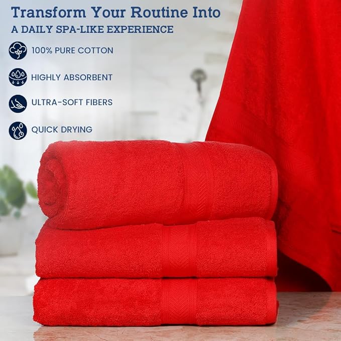 Casa Lino Red Bath Towels Set of 4 (54" x 27") - Large Bathroom Towel Set - 100% Cotton Towels for Bathroom - Highly Absorbent & Quick Dry Bath Towel Multipack - New Apartment Essentials