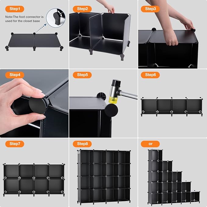 Neprock 16 Cubby Storage Organizer, Closet Clothes Storage Organizer, Cube Shelves Closet Organizers and Storage Shelves for Clothing Storage with Hammer, Bookshelf for Kids（Black）