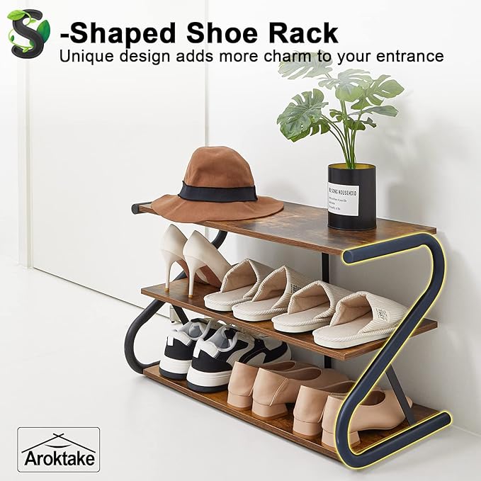 3-Tier Shoe Rack, Z-Frame Wooden Shoe Shelf with Durable Metal Shelves for Hallway, Living Room, Closet, Bedroom (Rustic)