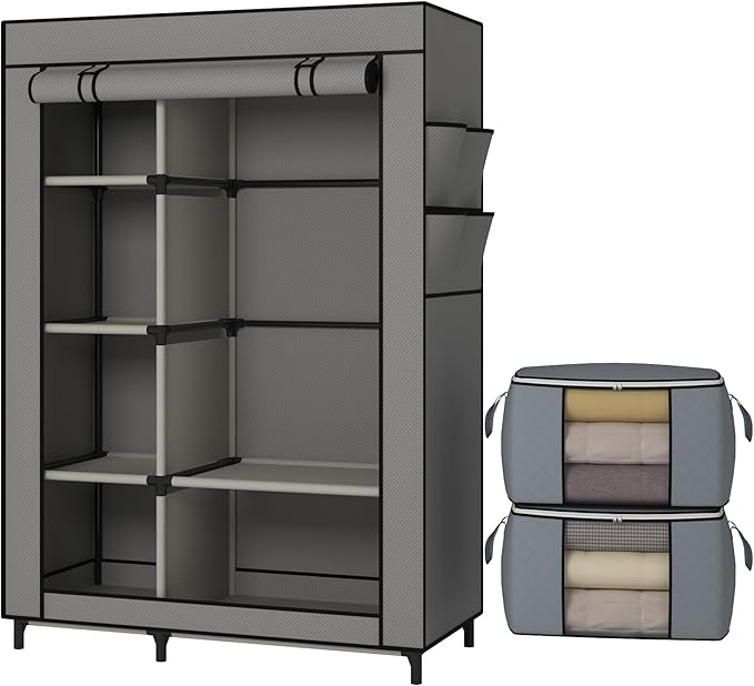 Calmootey Portable Closet, Wardrobe with 6 Shelves and Hanging Rod, Storage Organizer for Bedroom, Non-Woven Fabric Cover with 4 Side Pockets, Includes 2 Storage Bags for Clothes, Grey