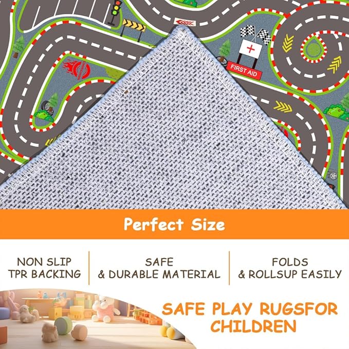 Kids Rug, Race Track Playmat Rugs 59×39 in Kids Carpet with Rubber Backing, Start and Finish line Racing Track Marking Car Road Race 3D Play Mat Nursery Rugs for Children Bedroom Playroom