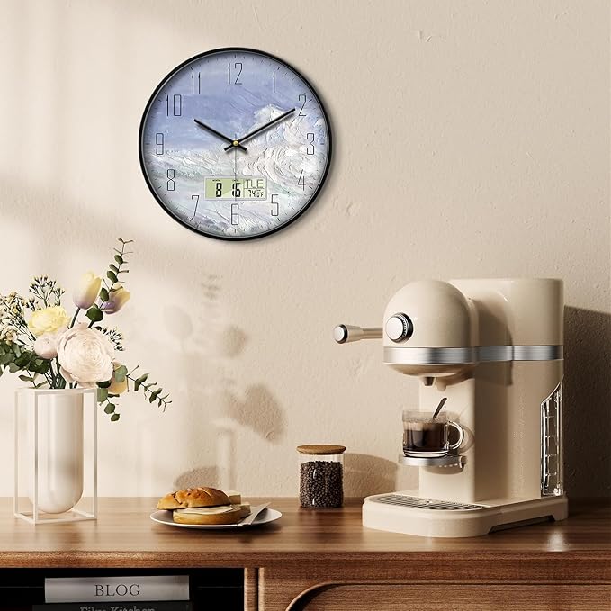 Digital Wall Clock Battery Operated with Day and Date Temperature Blue White Wave Calendar Clock with Large Display Silent for Room Bathroom Bedroom Living Room Farmhouse Decor 12 Inch