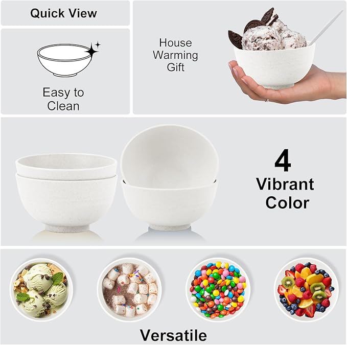 Wheat Straw Snack Bowls 10oz Set of 8 - Unbreakable Dessert Bowl for Kids - Small White Bowls for Ice Cream,Snack and Fruits - Microwave & Dishwasher Safe Mini Appetizer Bowl Sets - White
