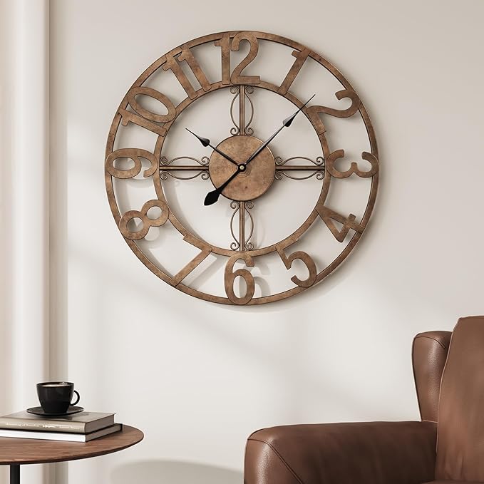 20 inch Large Wall Clock, Modern Decorative Wall Clocks for Living Room Decor, Metal Round Clock Battery-Operated Silent Non Ticking Retro Rustic Arabic Numerals Analog, Bronze