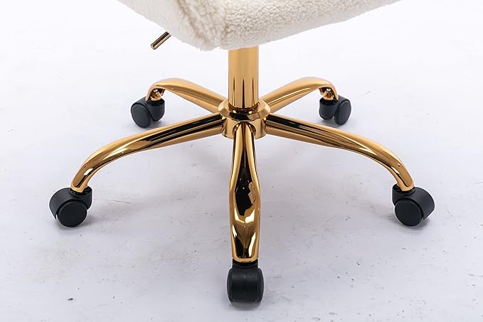 Goujxcy Fluffy Desk Chair, White Faux Fur Vanity Chair Swivel Office Chair for Girls Women, Height Adjustable Cute Teddy Furry Makeup Chairs for Bedroom Home Office