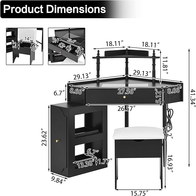 Merax Corner Vanity Desk Set with Storage Cushioned Stool & Charging Station, Triangle Makeup Desk with Removable Pull-Out Side Cabinet, Glass Tabletop Makeup Vanity with Drawer & Shelf, Black