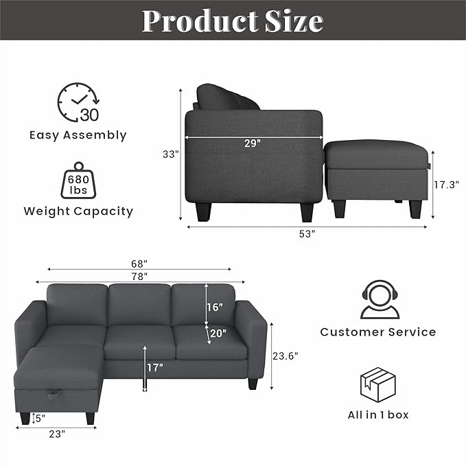 Sectional Sofa Couches for Living Room - L Shaped Cloud Couch-Small Modular 3 Seat-Comfy Linen with Storage Deep Seat Sofa,Washable Covers-Suitable for Living Room-Apartment-Office-Bedroom-Dark Grey